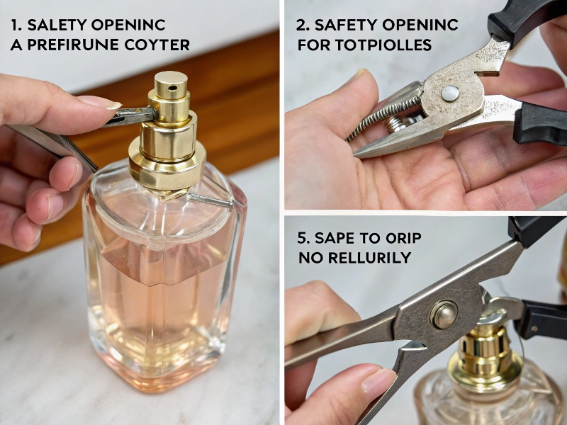 close-up sequence showing proper prying technique with pliers around bottle collar