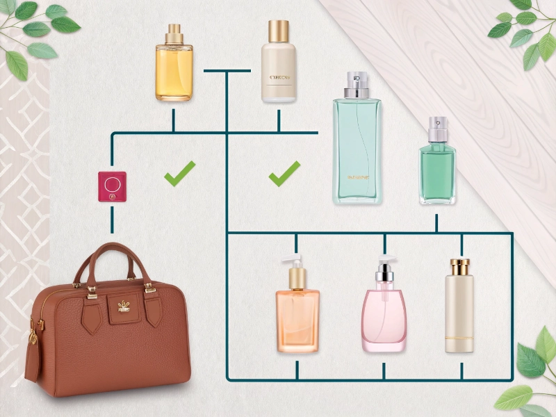 Decision flowchart for choosing perfume bottle sizes based on usage, travel needs, and budget