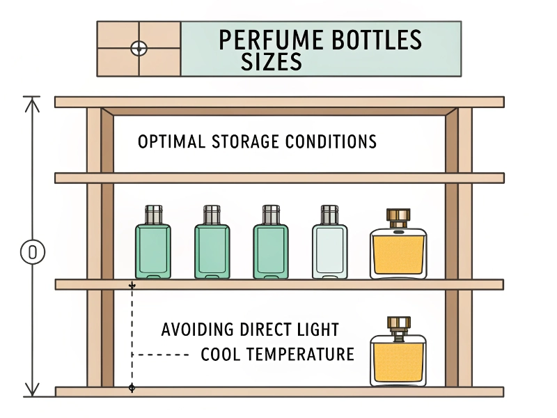 Diagram showing proper storage techniques for different perfume bottle sizes