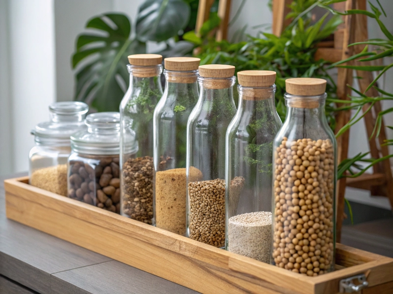 Glass bottles on a shelf