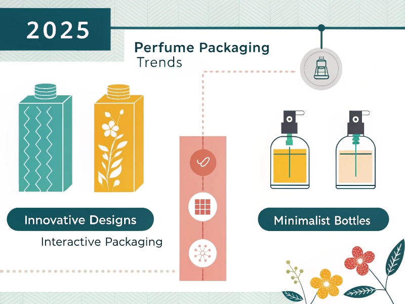 Infographic showing 2025 trends in perfume packaging with illustrated examples