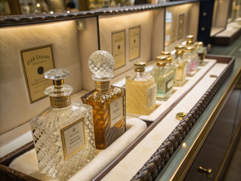 Vintage perfume bottles in padded display case