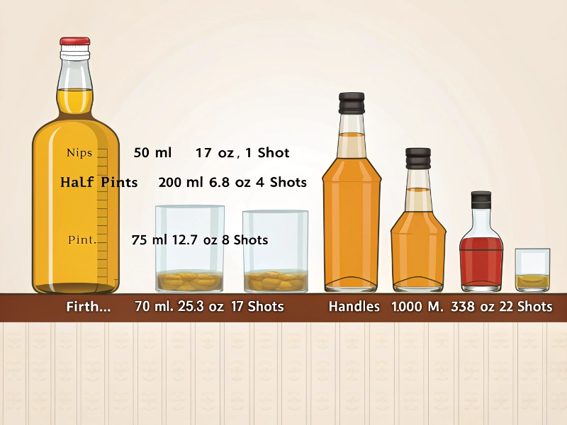 Table of liquor bottle sizes with milliliters, ounces, and shot counts