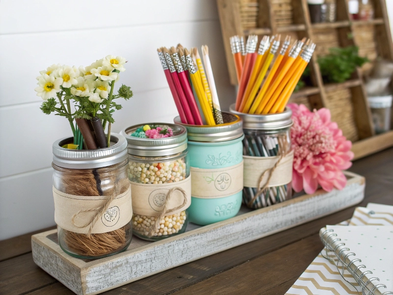 Labeled Mason jars in pantry