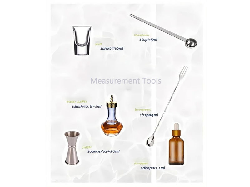 Measurement Tools :tablespoon, teaspoon, barspoon, bitter bottle, dropper, and bottle cap