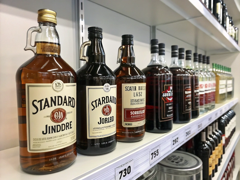 Image of standard liquor bottle sizes on display